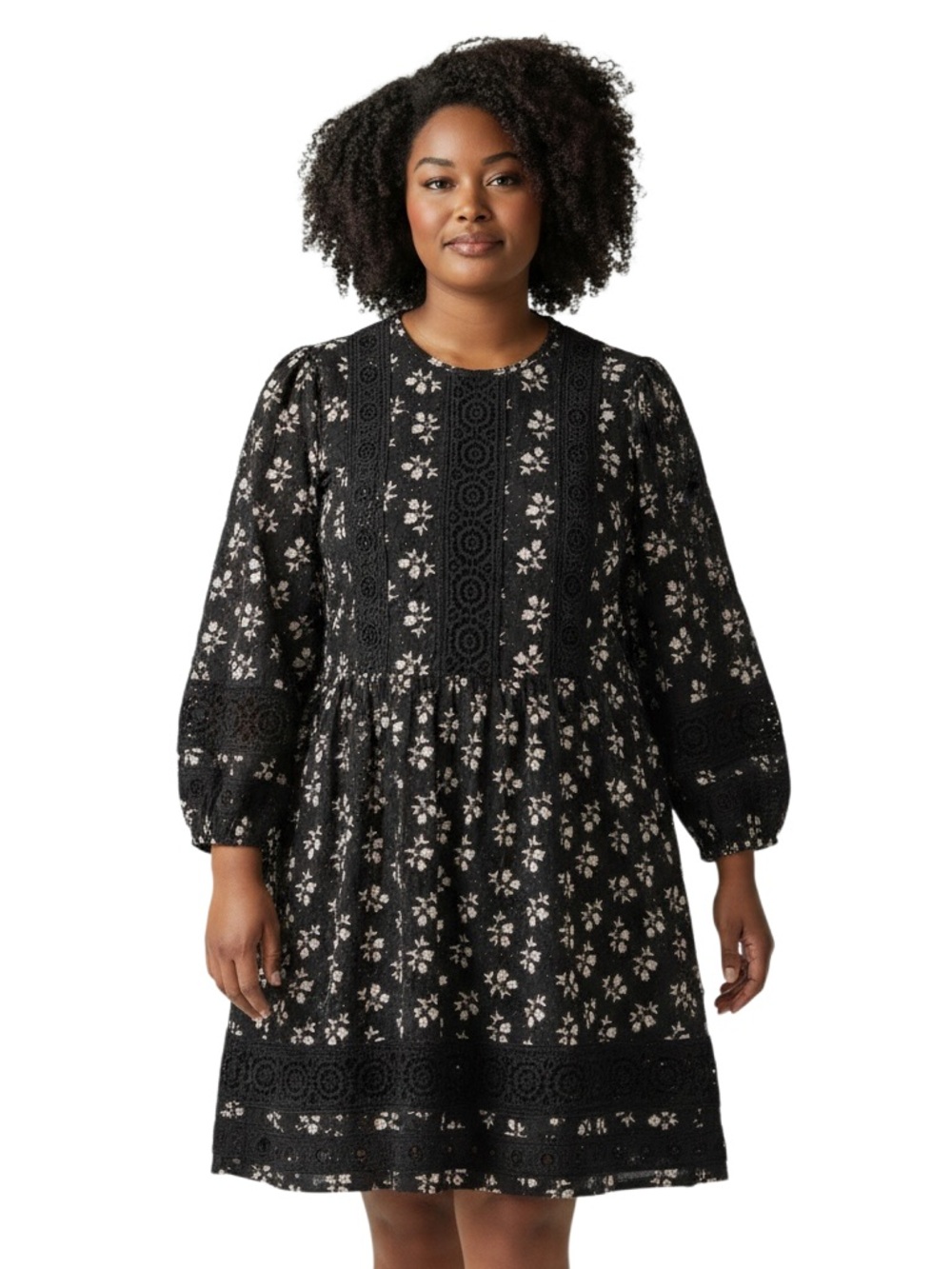 Boden Detail Insert Jersey Knit Dress Size 12 Black Eyelet Lace Trim Loose Fit
